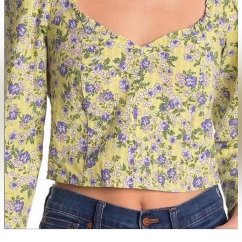 Topshop Floral Long Puff Sleeve Crop Top, Green - Size 2 - Picture 2 of 9